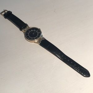 Anne Klein black leather watch with gold accents